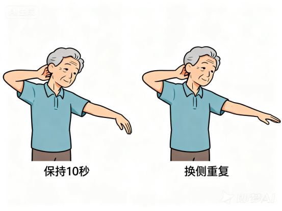 jimeng-2026-03-09-1760-一个中老年人第一个是颈部牵伸。用右手放在左耳后,左手向前伸直,然后右手轻轻用力让...