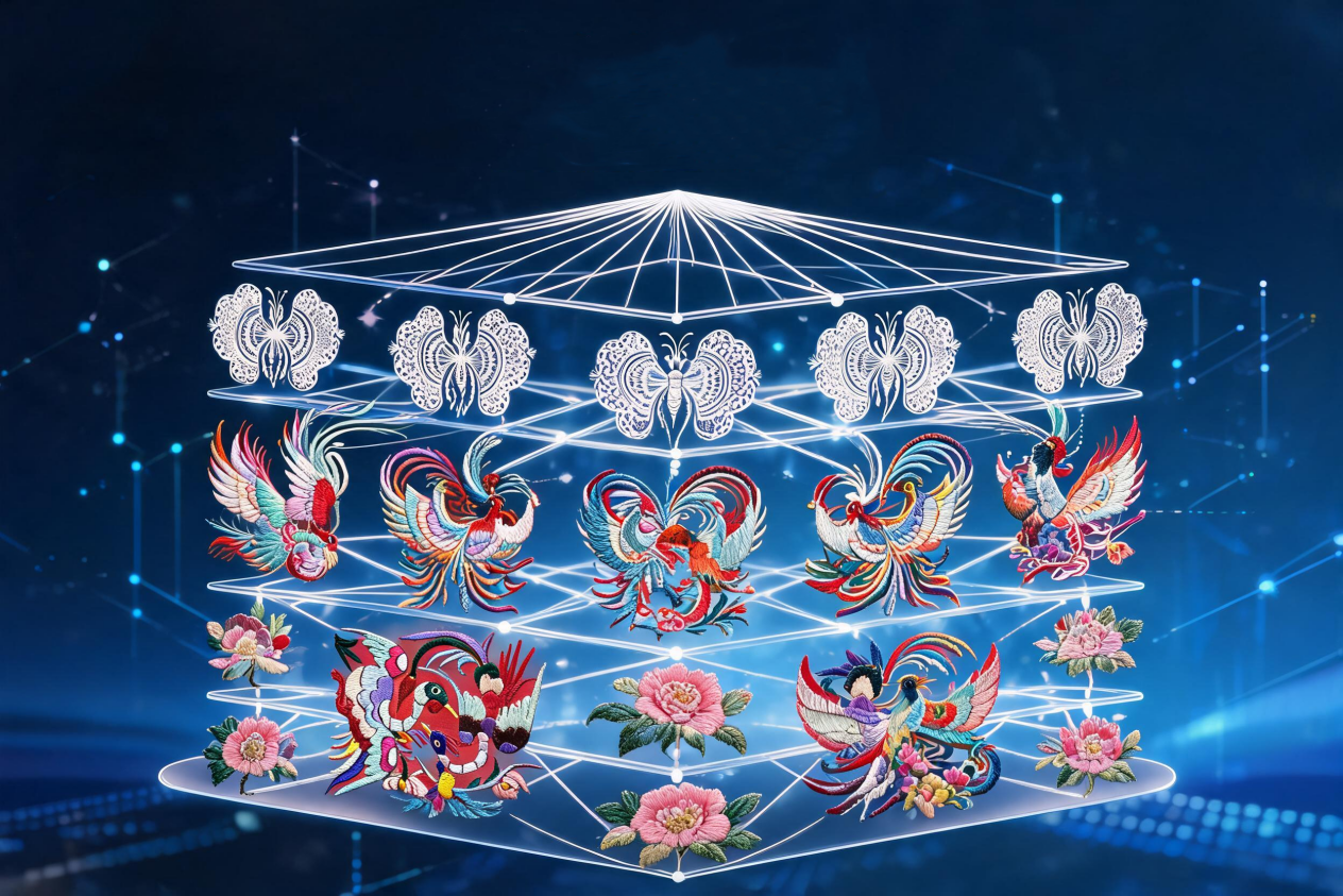 jimeng-2026-08-12-9261-生成一张苗绣大模型的AI概念图。
